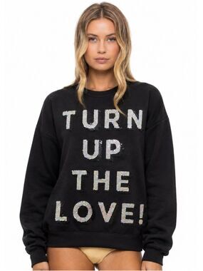 B+AB Black Sequin Slogan Crewneck Sweater - TURN UP THE LOVE! In Black Size S